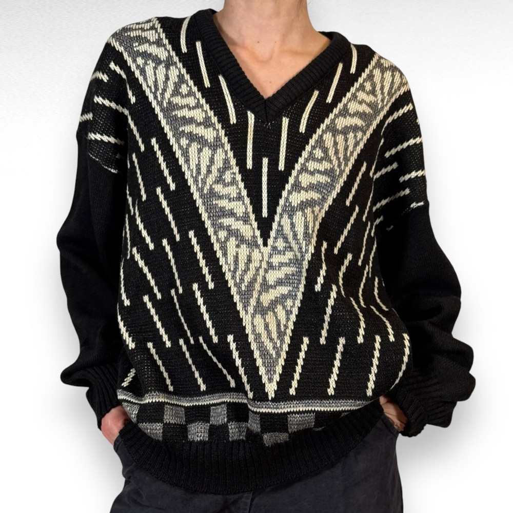 Vintage Wool Vneck Sweater Black Cream Eclectic Grandpa Academia Casual Sz L